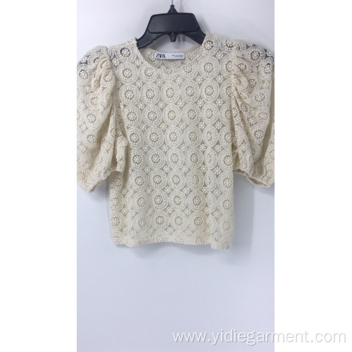 Cropped Tube Top Cream Crochet Bubble Sleeve Top Manufactory